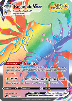 Rainbow VSTAR Pokémon card Regieleki VMAX 198/195 from Silver Tempest expansion