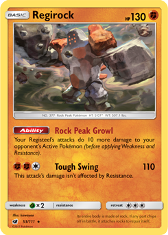 Rare Pokémon card Regirock 53/111 from Crimson Invasion expansion