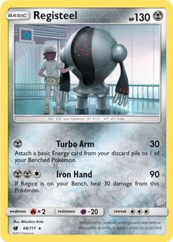Rare Pokémon card Registeel 68/111 from Crimson Invasion expansion