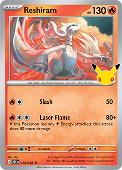 Rare Pokémon card Reshiram 014/128 from 30th Celebration expansion