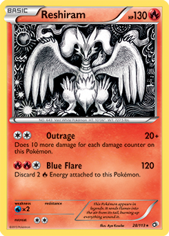 Rare holo Pokémon card Reshiram 28/113 from Legendary Treasures expansion