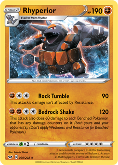 Rare Holo Pokémon card Rhyperior 99/202 from Sword & Shield expansion
