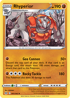 Rare Pokémon card Rhyperior 091/196 from Lost Origin expansion