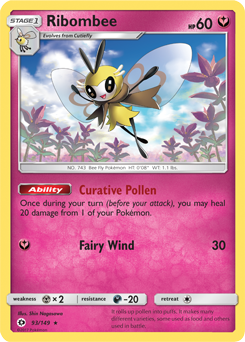 Rare holo Pokémon card Ribombee 93/149 from Sun & Moon expansion