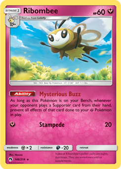 Rare Pokémon card Ribombee 146/214 from Lost Thunder expansion