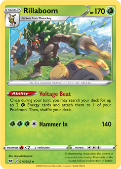 Rare Holo Pokémon card Rillaboom 14/202 from Sword & Shield expansion