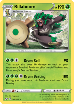 Rare Pokémon card Rillaboom 15/202 from Sword & Shield expansion