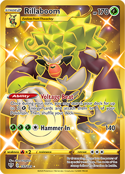 Secret Gold Pokémon card Rillaboom 197/189 from Darkness Ablaze expansion