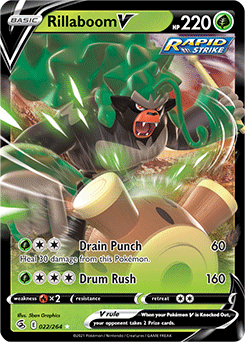 Ultra rare V Pokémon card Rillaboom V 22/264 from Fusion Strike expansion