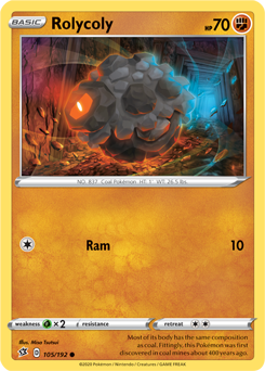 Common Pokémon card Rolycoly 105/192 from Rebel Clash expansion
