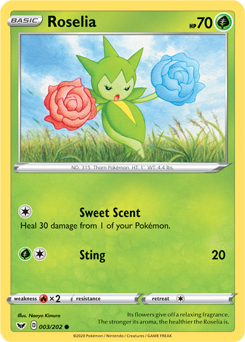 Common Pokémon card Roselia 3/202 from Sword & Shield expansion