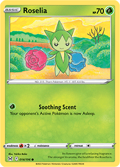 Common Pokémon card Roselia 014/196 from Lost Origin expansion