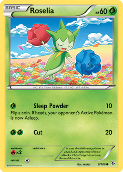 Common Pokémon card Roselia 8/106 from Flashfire expansion