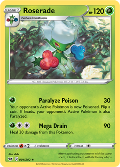 Rare Pokémon card Roserade 4/202 from Sword & Shield expansion