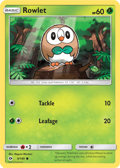 Common Pokémon card Rowlet 9/149 from Sun & Moon expansion