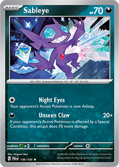 Rare Pokémon card Sableye 136/193 from Paldea Evolved expansion
