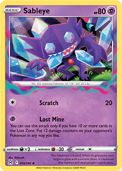 Rare Holo Pokémon card Sableye 070/196 from Lost Origin expansion