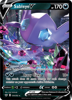 Ultra rare V Pokémon card Sableye V 120/202 from Sword & Shield expansion