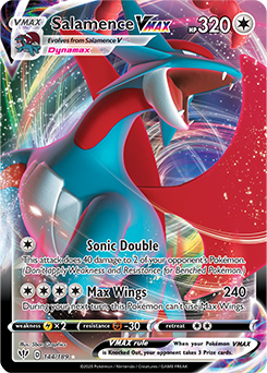 Ultra rare VMAX Pokémon card Salamence VMAX 144/189 from Darkness Ablaze expansion
