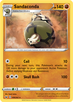 Rare Pokémon card Sandaconda 109/202 from Sword & Shield expansion