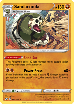 Rare Holo Pokémon card Sandaconda 110/202 from Sword & Shield expansion