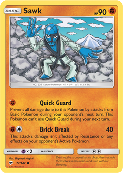 Common Pokémon card Sawk 72/147 from Burning Shadows expansion