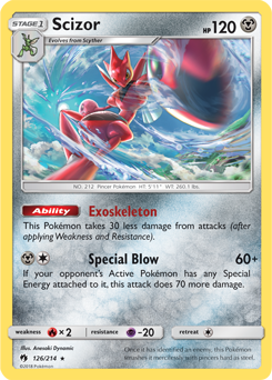 Rare holo Pokémon card Scizor 126/214 from Lost Thunder expansion