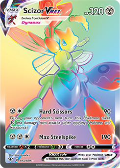 Secret Rainbow VMAX Pokémon card Scizor VMAX 193/189 from Darkness Ablaze expansion