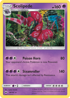 Rare Pokémon card Scolipede 58/147 from Burning Shadows expansion