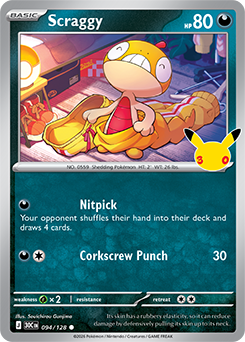 Common Pokémon card Scraggy 094/128 from 30th Celebration expansion