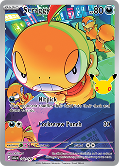 Illustration rare Pokémon card Scraggy 140/128 from 30th Celebration expansion