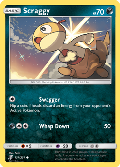 Common Pokémon card Scraggy 137/236 from Unified Minds expansion