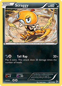 Common Pokémon card Scraggy 58/106 from Flashfire expansion