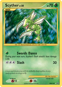 Secret Holo Pokémon card Scyther 130/127 from Platinuim expansion