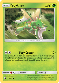 Common Pokémon card Scyther 3/214 from Lost Thunder expansion