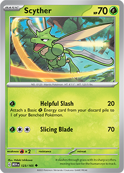 Uncommon Pokémon card Scyther 123/165 from 151 expansion