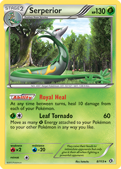 Rare holo Pokémon card Serperior 8/113 from Legendary Treasures expansion