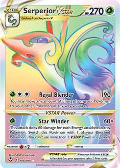 Rainbow VSTAR Pokémon card Serperior VSTAR 196/195 from Silver Tempest expansion