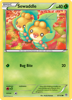 Common Pokémon card Sewaddle 8/135 from Plasma Storm expansion
