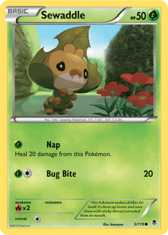 Common Pokémon card Sewaddle 5/119 from Phantom Forces expansion