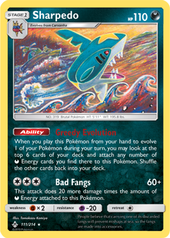 Rare Pokémon card Sharpedo 111/214 from Unbroken Bonds expansion