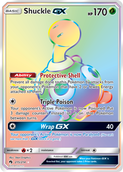 Secret Rainbow GX Pokémon card Shuckle GX 215/214 from Lost Thunder expansion