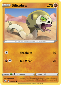 Common Pokémon card Silicobra 108/202 from Sword & Shield expansion