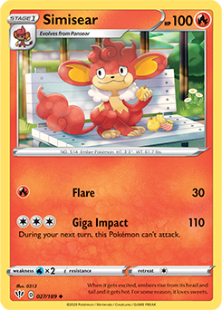 Uncommon Pokémon card Simisear 27/189 from Darkness Ablaze expansion
