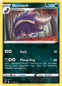 Uncommon Pokémon card Skuntank 115/192 from Rebel Clash expansion
