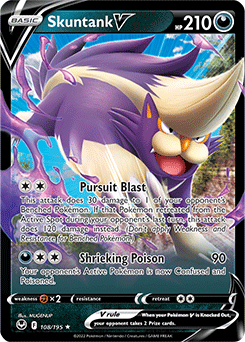 Ultra rare V Pokémon card Skuntank V 108/195 from Silver Tempest expansion