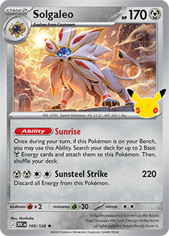 Rare Pokémon card Solgaleo 105/128 from 30th Celebration expansion