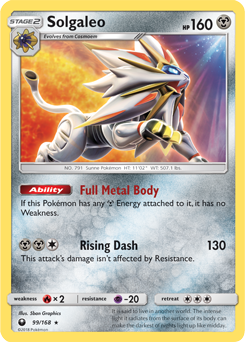 Rare holo Pokémon card Solgaleo 99/168 from Celestial Storm expansion