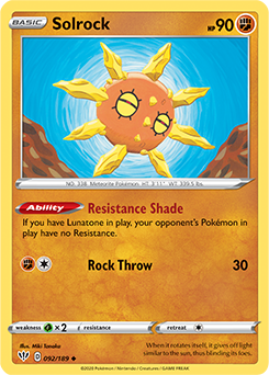Uncommon Pokémon card Solrock 92/189 from Darkness Ablaze expansion