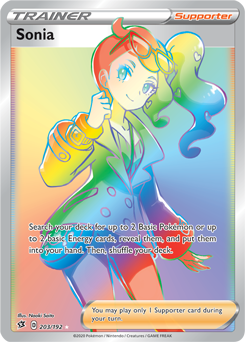 Secret Rainbow Trainer Pokémon card Sonia 203/192 from Rebel Clash expansion